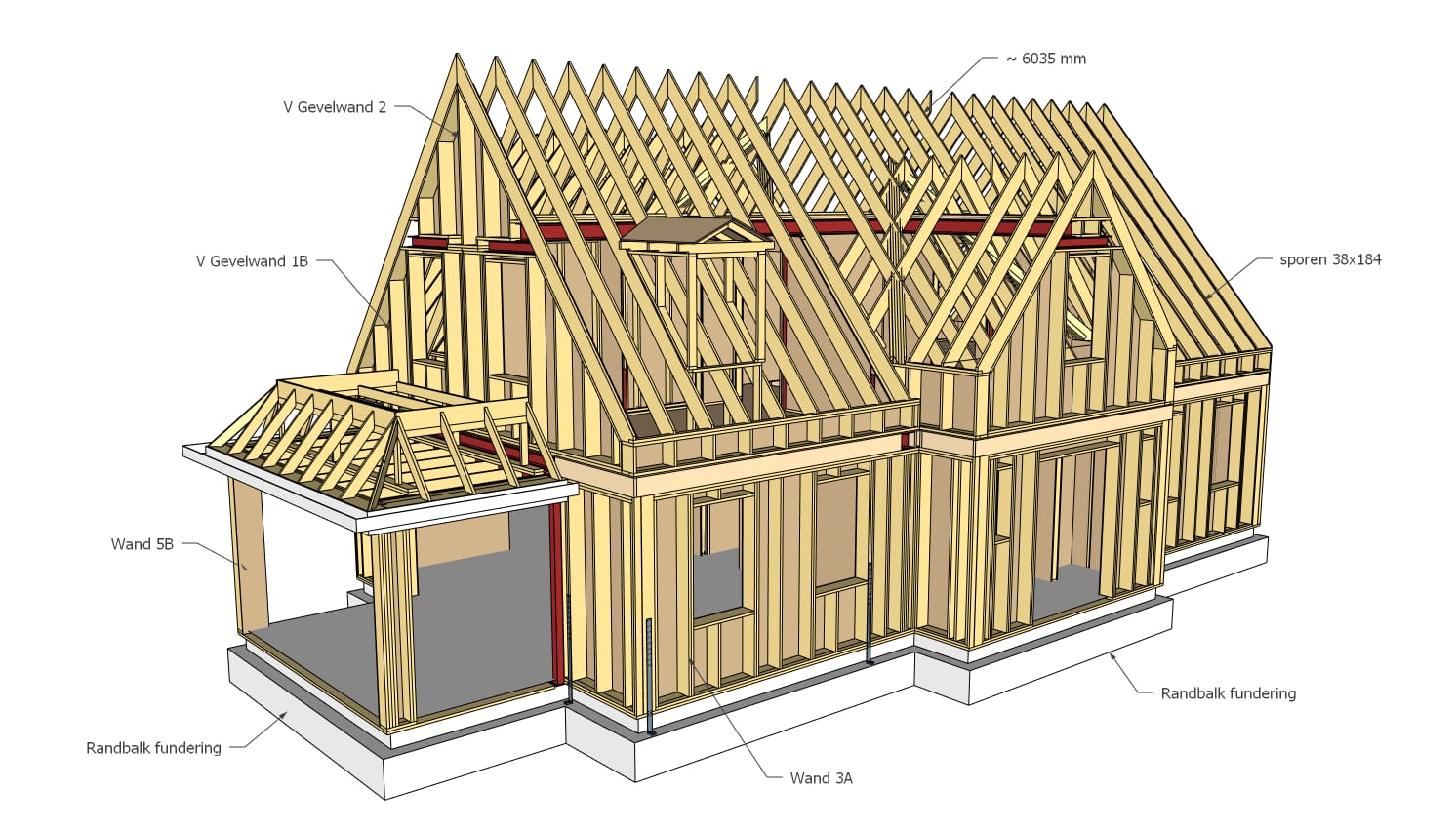 3D-bouwtekening van een houten woning